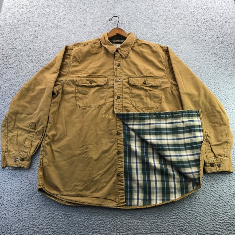LL Bean Hurricane Shirt Mens L Brown Flannel Lined Canvas Distressed Chore Work